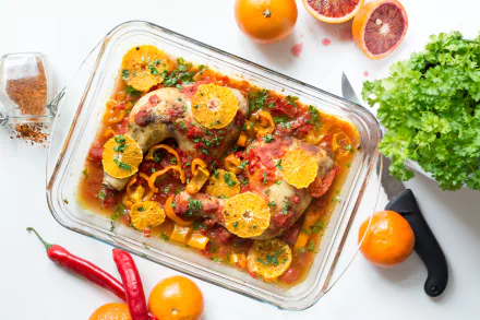  Chicken legs with tomatoes, peppers and oranges by Jakub Kapusnak