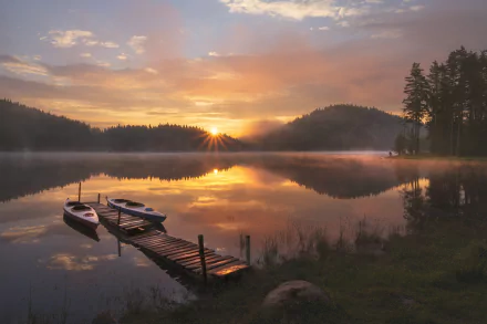 A kayak rests by a wooden dock on a calm river at sunset, with the sun casting golden reflections and silhouetted trees in the background. HD PC desktop wallpaper.