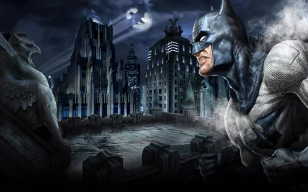 HD PC desktop wallpaper featuring Batman overlooking Gotham City with the Bat-Signal shining in the night sky, inspired by Mortal Kombat Vs. DC Universe video game.