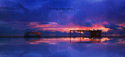 A serene Anime sunset wallpaper featuring a tranquil tram station reflected in still waters, with the text Waiting in the sunset and Lifeline at the top.