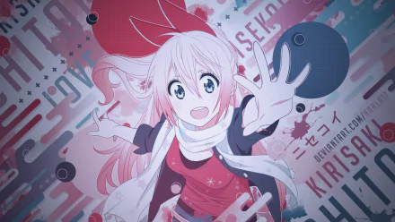 An HD desktop wallpaper featuring Chitoge Kirisaki from the anime Nisekoi. She is shown in an animated, colorful background with her hand reaching out, and her name and series title are displayed in the background.