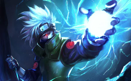 HD anime desktop wallpaper featuring Kakashi Hatake from Naruto unleashing his Chidori lightning attack in dynamic blue tones.
