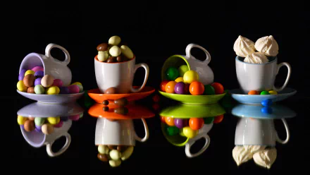 Colorful candy and white meringues overflow from white cups on vibrant saucers, reflected sharply on a black surface in this 4K Ultra HD desktop wallpaper.