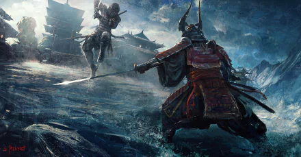 HD PC desktop wallpaper: armored samurai in red armor brandishes a katana against a shadowy fantasy warrior on a stormy battlefield with distant pagodas.