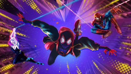 4K Ultra HD wallpaper featuring Spider-Gwen, Miles Morales, and Spider-Man from the movie Spider-Man: Into The Spider-Verse in dynamic action poses.