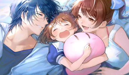 HD anime wallpaper featuring Tomoya Okazaki, Nagisa Furukawa, and Ushio Okazaki from Clannad, with Ushio hugging a Dango plush, capturing a warm family moment.