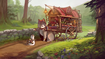 flower greenery path wagon cat Anime anime cat HD Desktop Wallpaper | Background Image