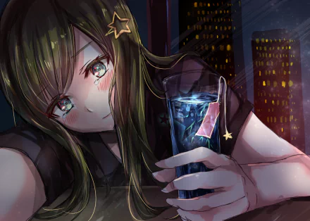 Anime-style HD desktop wallpaper of a girl with tears in her eyes holding a drink against a nighttime cityscape with glowing buildings and star motifs.