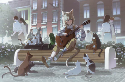 An anime character with cat ears sits on a bench playing guitar, surrounded by cats. The background depicts an urban setting with people walking by. The character wears sneakers, providing an original HD desktop wallpaper.