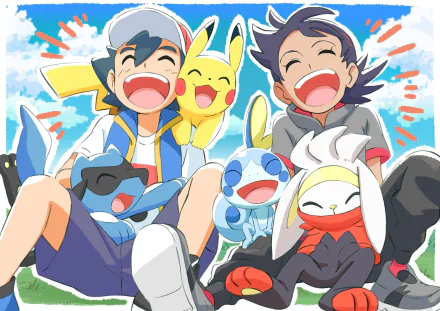HD anime wallpaper featuring Ash Ketchum, Goh, and Pokémon Sobble, Riolu, Pikachu, and Raboot happily posing together in a vibrant, colorful scene.