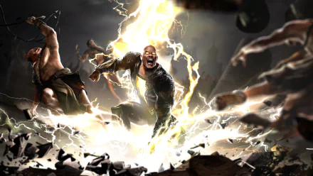 HD PC desktop wallpaper featuring Dwayne Johnson as Black Adam from DC Comics, depicted unleashing powerful lightning energy in an intense action scene.