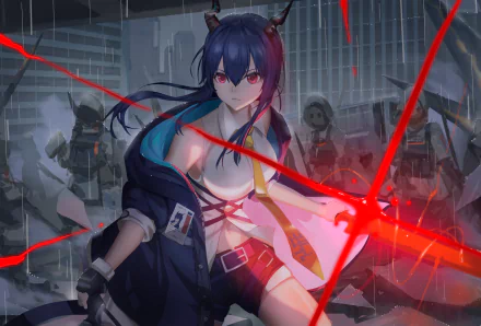 blue hair red eyes Ch'en (Arknights) video game Arknights HD Desktop Wallpaper | Background Image