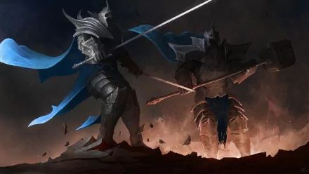 HD PC desktop wallpaper and background: fantasy warrior duel — two armored warriors clash on a scorched plain, one with a flowing blue sash, embers and a stormy, dark sky.