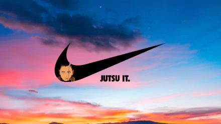 HD PC desktop wallpaper featuring Shikamaru Nara from Naruto inside a Nike swoosh with JUTSU IT. text over a vivid sunset sky — anime-themed background.