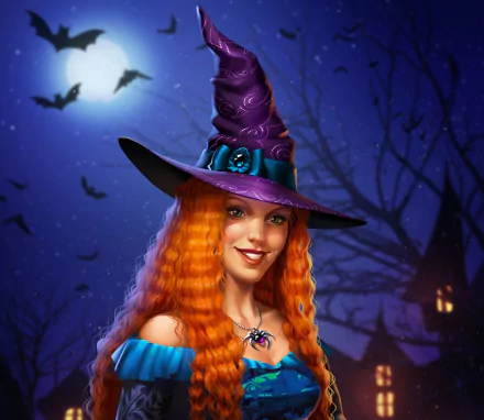 A redhead witch wearing a purple witch hat with a blue rose, smiling against a night sky with bats and a glowing moon in a fantasy HD desktop wallpaper.