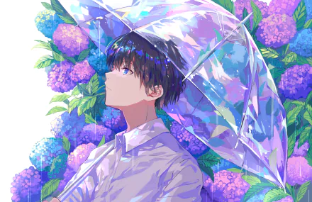 A high-definition anime desktop wallpaper featuring a boy holding a transparent umbrella in the rain, standing in front of blooming flowers.