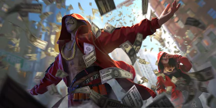 HD PC desktop wallpaper featuring dynamic characters from the video game Garena Free Fire, surrounded by flying money in an intense urban setting.