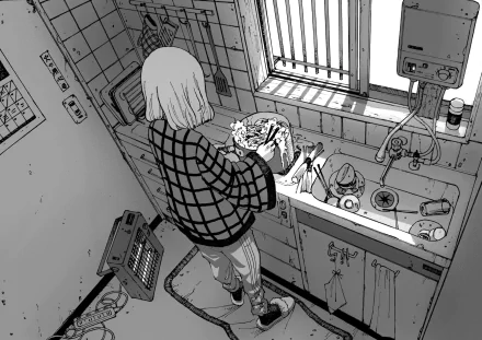 Anime original HD PC desktop wallpaper and background — monochrome overhead view of a person washing dishes at a cluttered apartment sink.