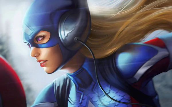 A genderbend Captain America with blonde hair and striking purple eyes, rendered in vibrant 4K Ultra HD comic style for PC desktop wallpaper.