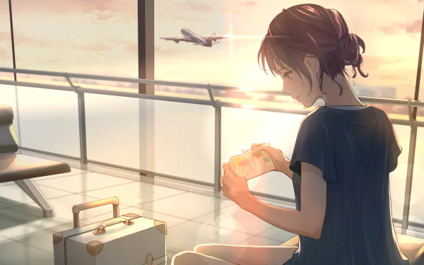 Anime-style 4K Ultra HD desktop wallpaper of a girl sitting at an airport during a warm sunset with an airplane taking off in the background.