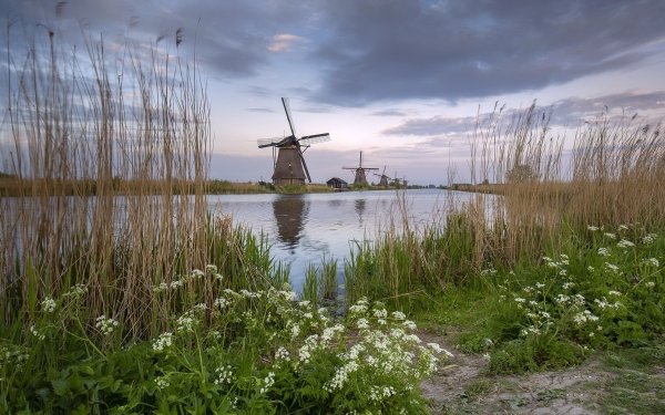 Man Made Windmill Sunset Kinderdijk River HD Wallpaper | Background Image