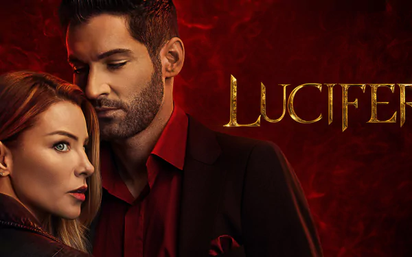 HD desktop wallpaper featuring Lucifer Morningstar from the TV show Lucifer, showcasing a dark, intense red background with the show's title prominently displayed.