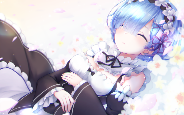 Anime Re:ZERO -Starting Life in Another World- Rem Sleeping Blue Hair Short Hair Maid HD Wallpaper | Background Image