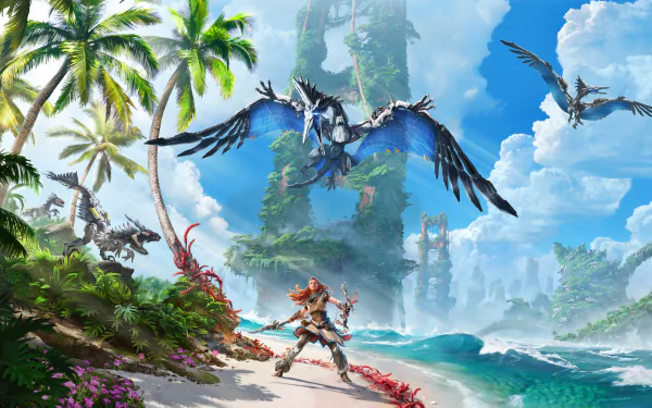 Aloy from Horizon Forbidden West stands ready on a tropical beach as mechanical flying creatures soar overhead in this 4K Ultra HD PC desktop wallpaper.