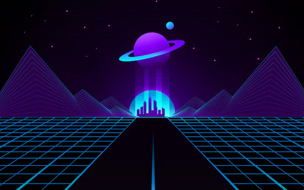 A 4K Ultra HD synthwave desktop wallpaper featuring a glowing planet with rings above a neon city, set against a grid landscape and retro-futuristic mountains in vibrant retrowave colors.