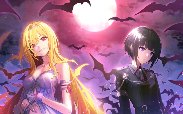 black hair purple eyes bat red eyes blonde long hair Chiyo Shirayuki Chitose Kurosaki Anime The iDOLM@STER Cinderella Girls HD Desktop Wallpaper | Background Image