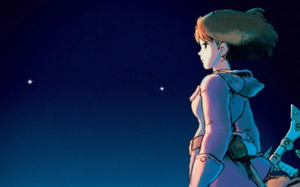 Anime HD PC desktop wallpaper/background — Nausicaa of the Valley of the Wind: Nausicaa in profile, wind-swept hair and gear, gazing at a deep starry night sky.