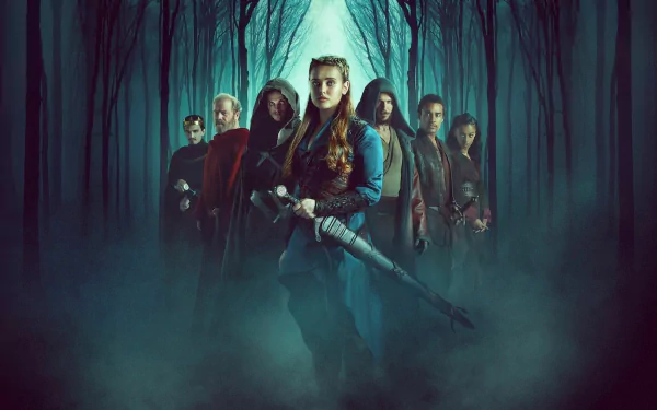 HD desktop wallpaper of Katherine Langford in Cursed (2020), surrounded by other characters in a mystical forest setting.