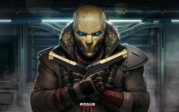 HD desktop wallpaper of a Rogue Company character in a golden mask and tactical gear, with ROGUE text, set against a hi-tech backdrop.