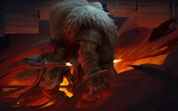 HD PC desktop wallpaper featuring Sekiro from the video game Sekiro: Shadows Die Twice, depicted in dynamic action with a fiery background.