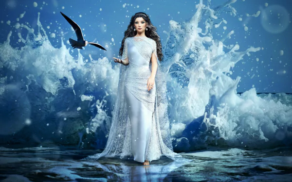 wave seagull goddess woman artistic HD Desktop Wallpaper | Background Image