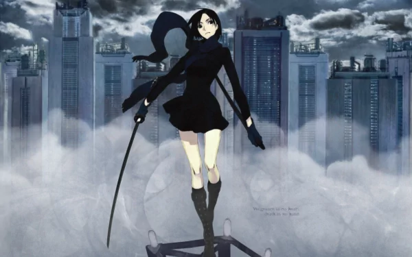 HD PC desktop wallpaper from the anime Dogs: Bullets & Carnage features a dark-clad character standing above fog with a sword, set against a moody city skyline.