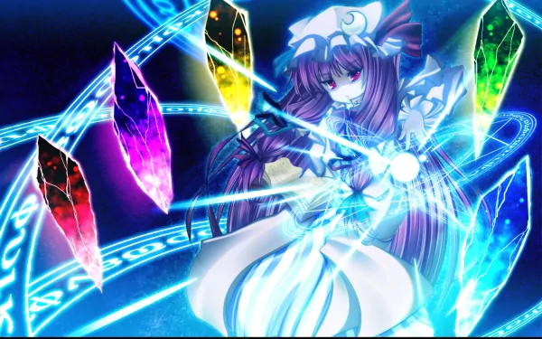 HD PC desktop wallpaper featuring Patchouli Knowledge from the Touhou anime series, surrounded by vibrant, glowing magical elements and colorful crystals.