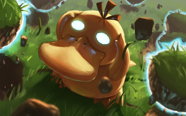 HD anime-style desktop wallpaper featuring Psyduck from Pokémon with glowing eyes, surrounded by floating grassy platforms in a vibrant, dynamic scene.