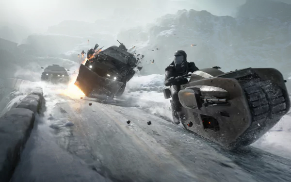 2K Quad HD PC wallpaper — sci‑fi winter chase: futuristic vehicles racing on a snow-covered road, one skidding with sparks and debris across icy mountains.