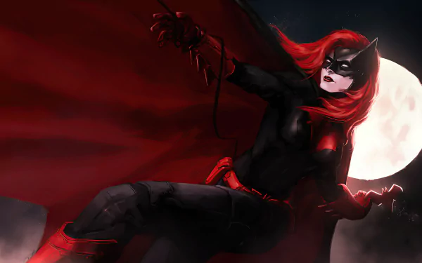 Kate Kane as Batwoman from DC Comics, depicted in a dynamic pose with flowing red hair and cape against a full moon, rendered in 4K Ultra HD for desktop wallpaper.