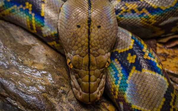 Close-up of a colorful python snake (animal) coiled on rocks, detailed green, yellow and blue scales — HD PC desktop wallpaper background.