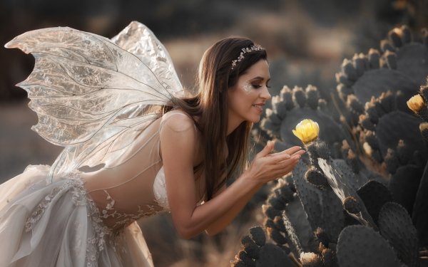 Women Cosplay Cactus Flower Wings Dress Brunette Fairy HD Wallpaper | Background Image