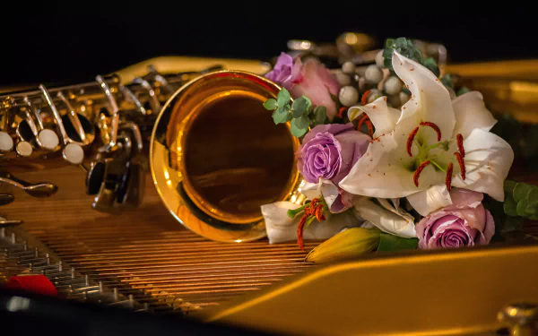 instrument bouquet rose lily flower music trumpet HD Desktop Wallpaper | Background Image