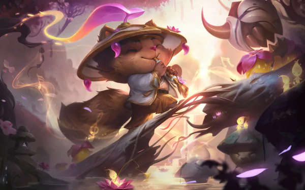 HD PC desktop wallpaper of Teemo (League of Legends), video game art: whimsical scout in a mushroom hat amid glowing petals, lanterns and soft forest light.
