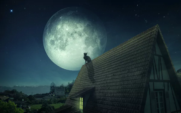 roof moon night Animal cat HD Desktop Wallpaper | Background Image