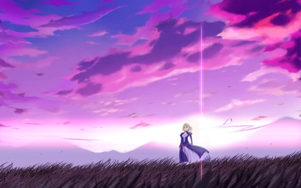 4K Ultra HD anime wallpaper featuring Saber from Fate/Stay Night standing in a field under a vibrant pink and purple sky, showcasing the Fate Series aesthetic.