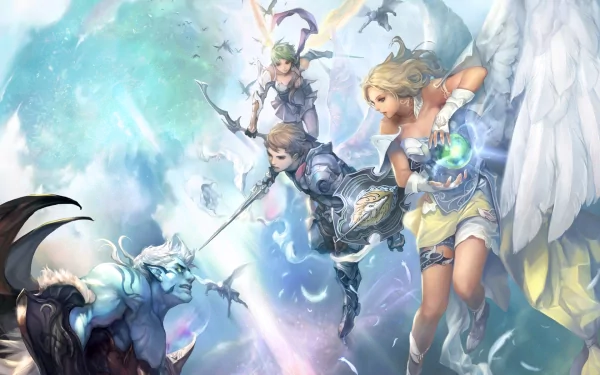 HD PC desktop wallpaper for the video game AION, depicting winged characters in an epic fantasy battle scene with vibrant, ethereal colors.