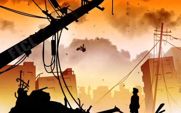 A striking HD desktop wallpaper featuring an anime scene from FLCL, depicting a silhouette against a vibrant sunset, surrounded by urban decay and scattered debris.