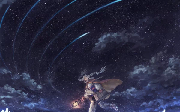 Anime girl holding a glowing lamp walks under a starry night sky filled with shooting stars, creating a fantasy-themed HD PC desktop wallpaper background.