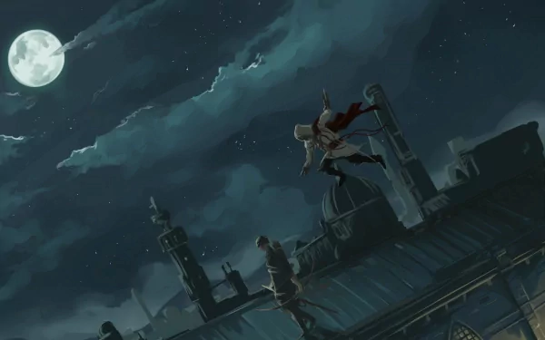 A dynamic scene from Assassin's Creed II features a cloaked figure leaping across rooftops under a moonlit sky, capturing the essence of adventure in this HD PC desktop wallpaper.